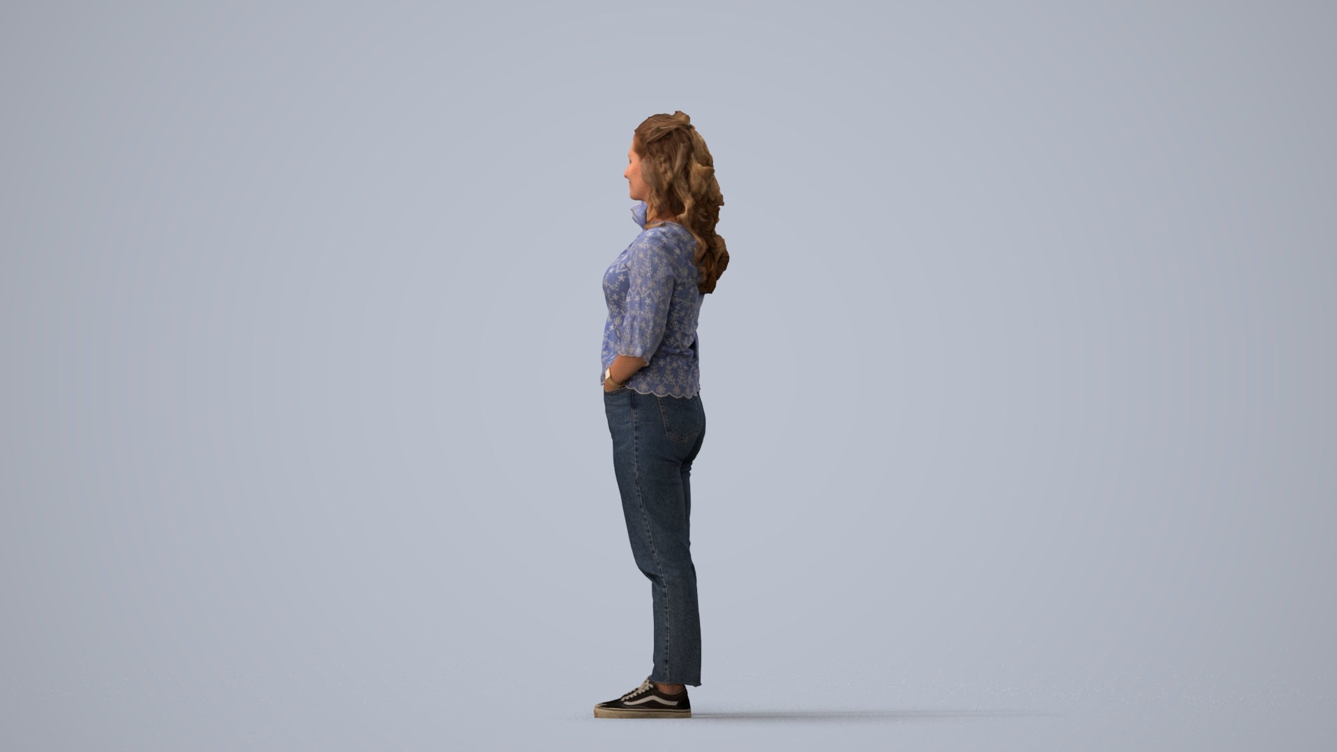 photogrammetry 3D woman casual standing, realistic human model archviz FBX, three-quarter view render