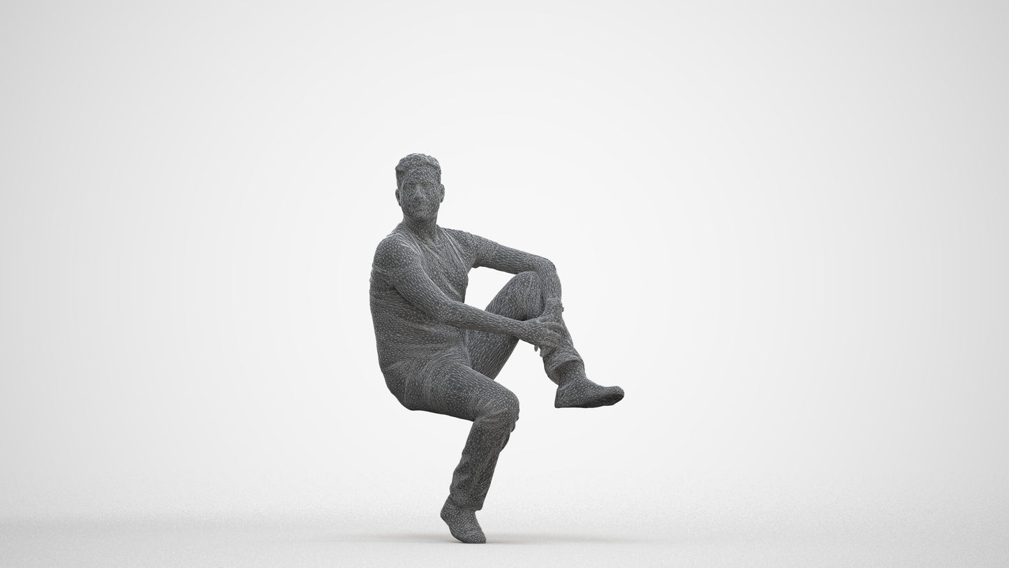 realistic 3D man casual sitting, scanned archviz people for Blender and 3ds Max, three-quarter front view render