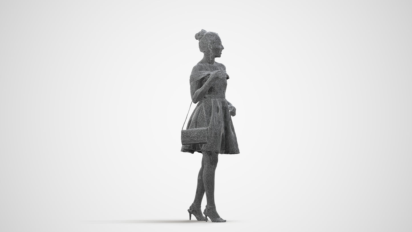 3D scanned woman formalaffairs formal, photorealistic archviz people for Enscape and SketchUp, wireframe side view