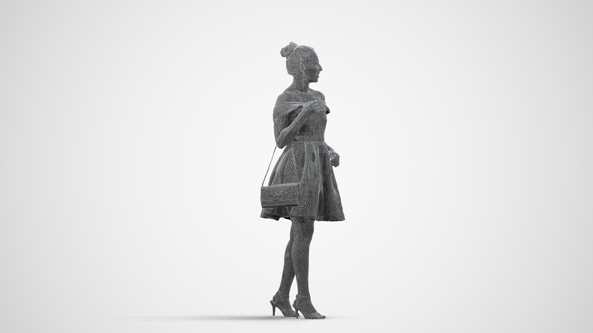3D scanned woman formalaffairs formal, photorealistic archviz people for Enscape and SketchUp, wireframe side view