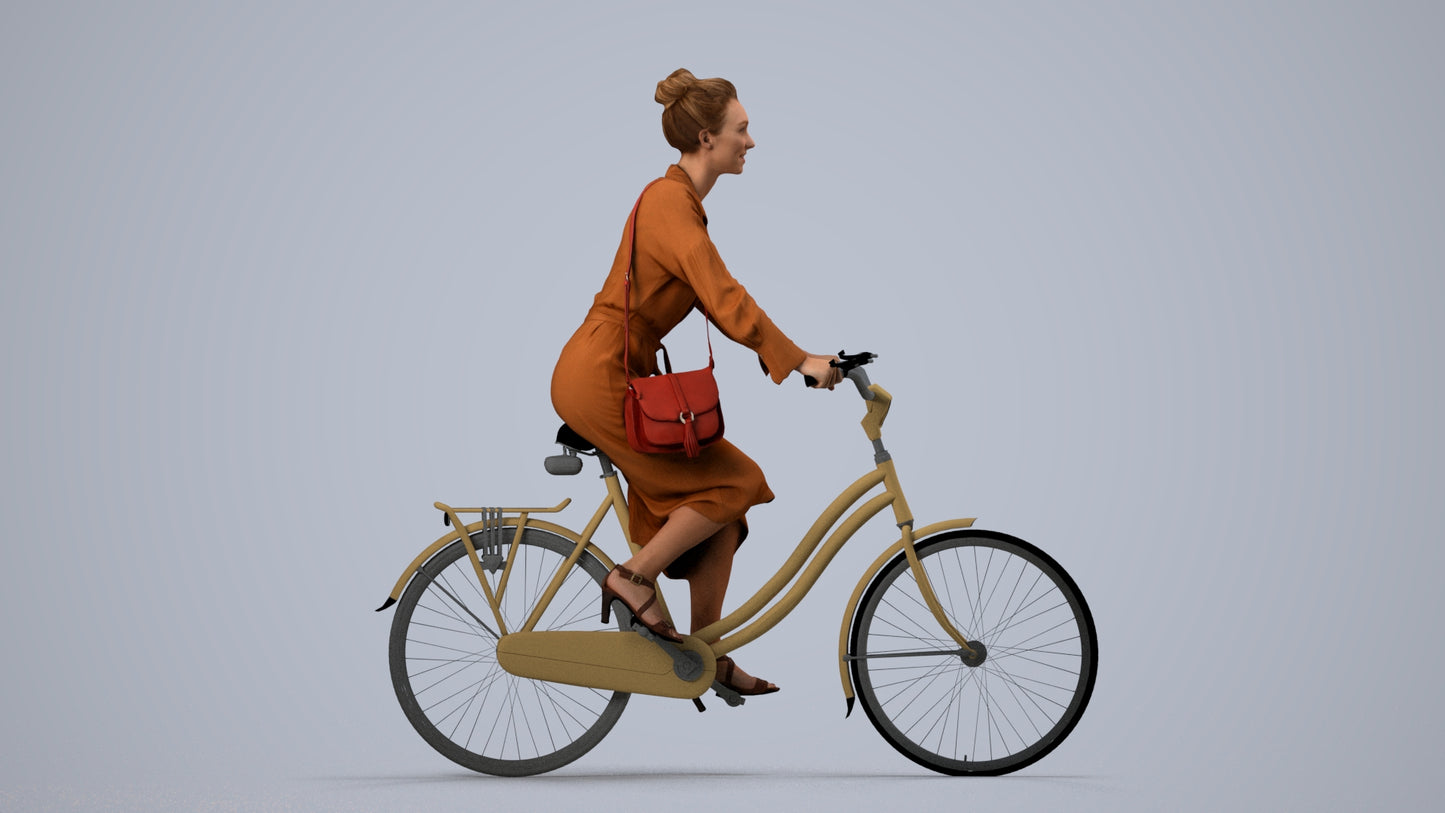 realistic 3D woman casual cycling, scanned archviz people for Blender and 3ds Max, side view render