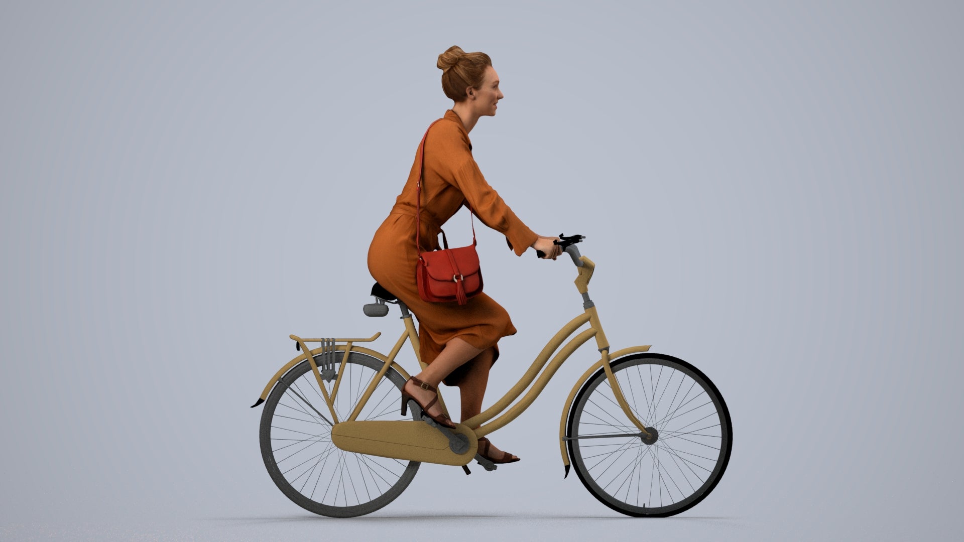 realistic 3D woman casual cycling, scanned archviz people for Blender and 3ds Max, side view render