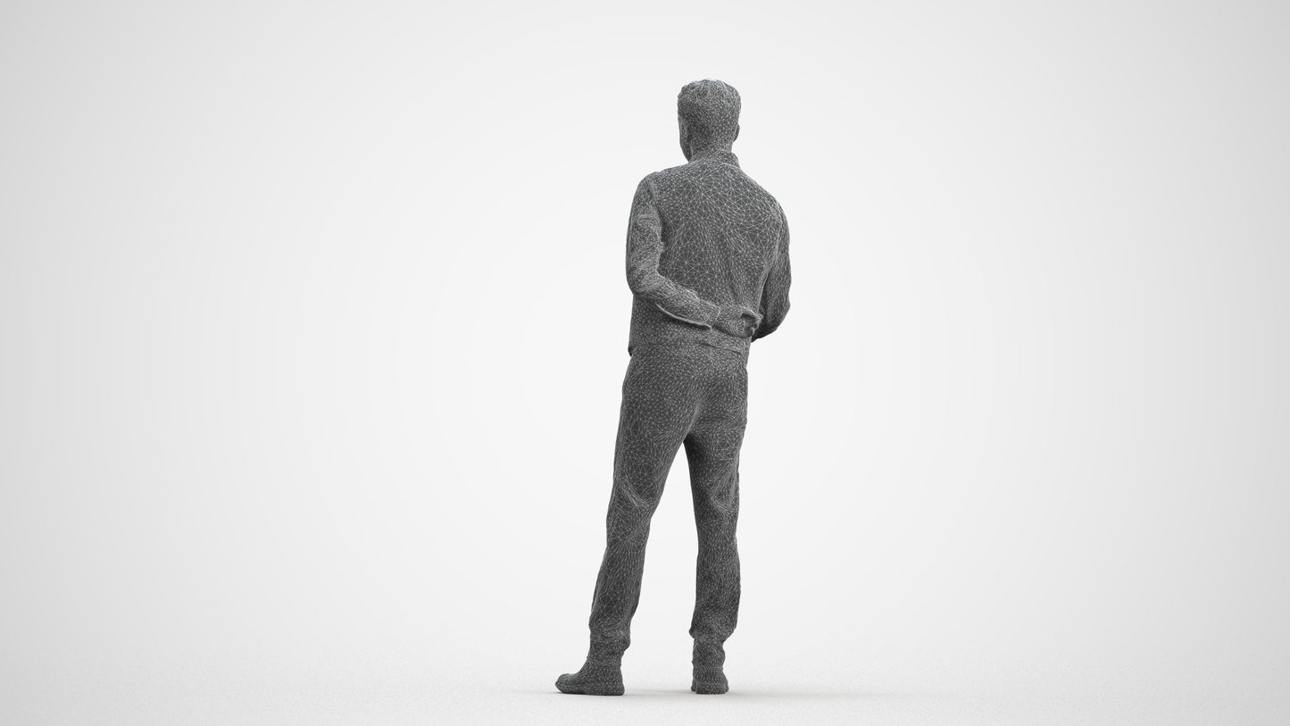 3D scanned man hospitality, photorealistic archviz people for Enscape and SketchUp, wireframe front view