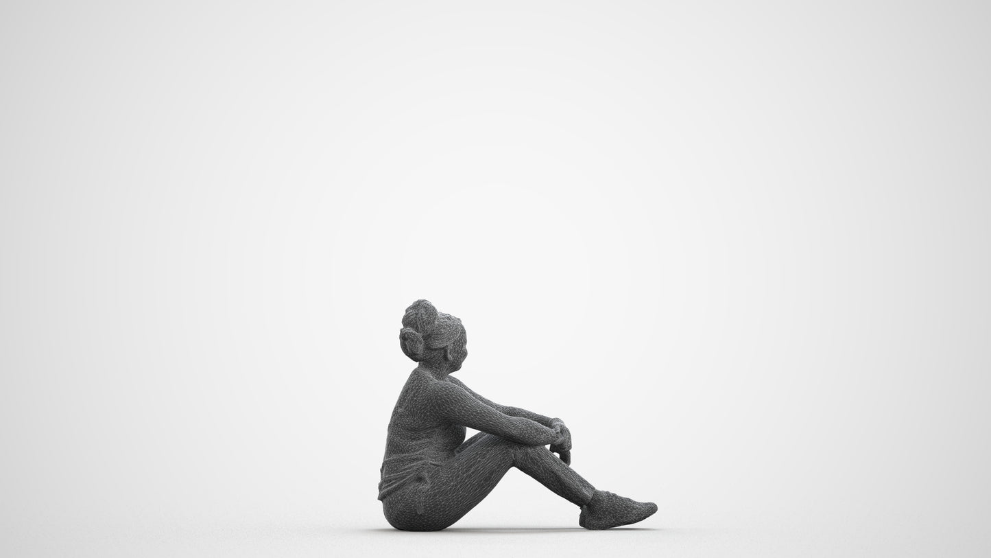 realistic 3D human woman casual sitting, archviz people FBX OBJ for Blender, wireframe front view