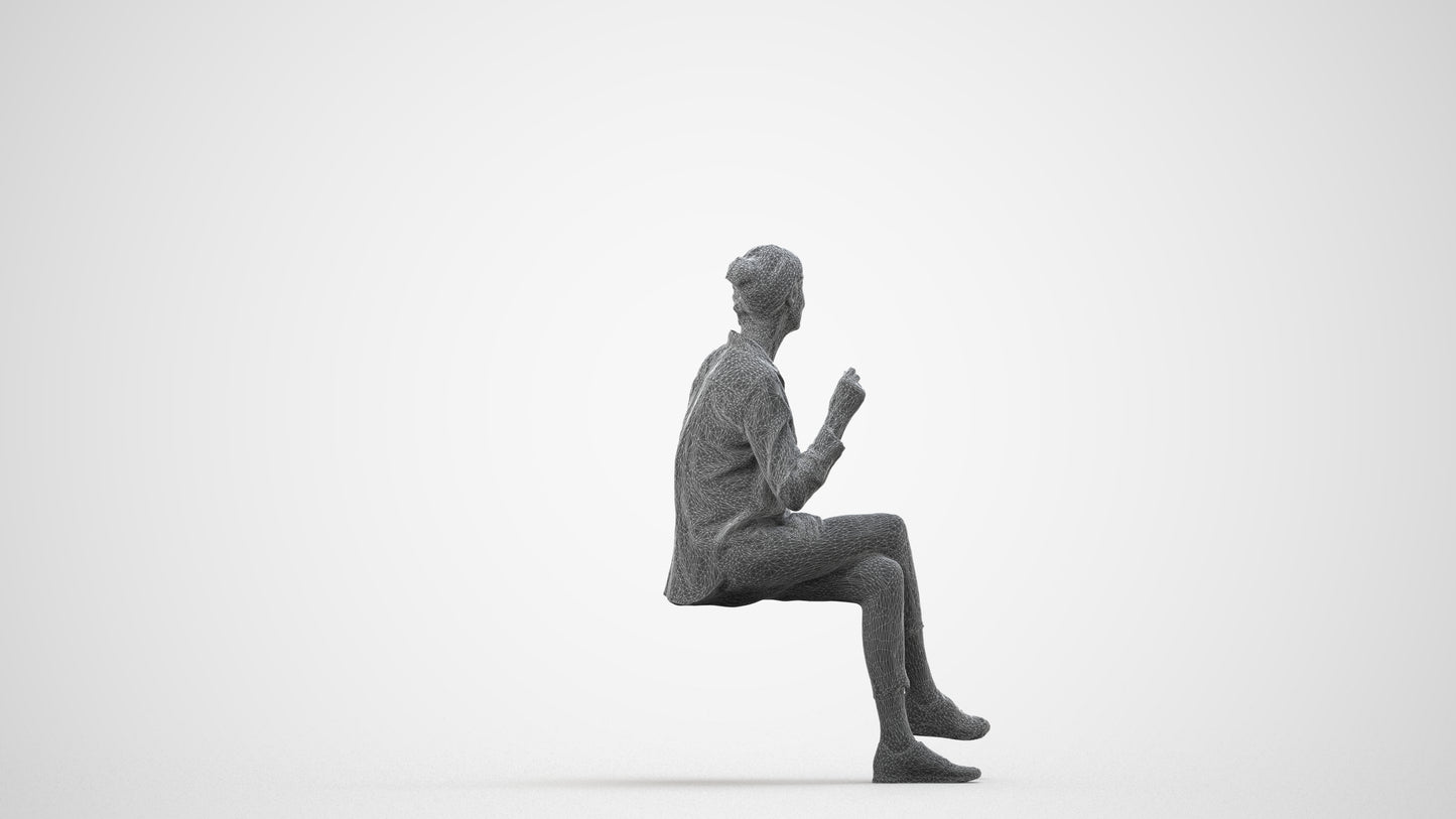 realistic 3D human senior woman casual sitting, archviz people FBX OBJ for Blender, wireframe side view