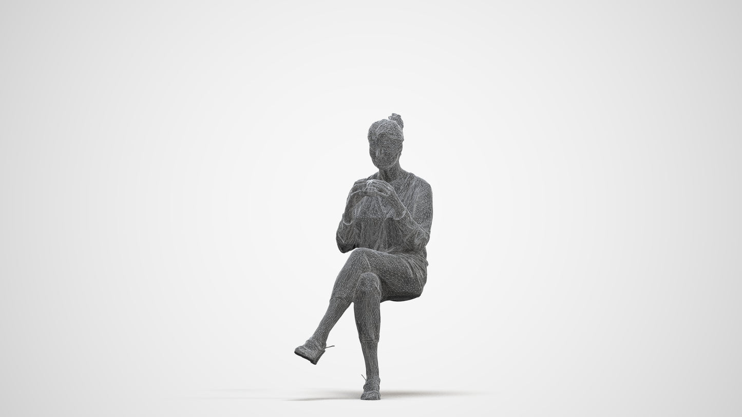photogrammetry 3D woman casual sitting, realistic human model archviz FBX, three-quarter front view render