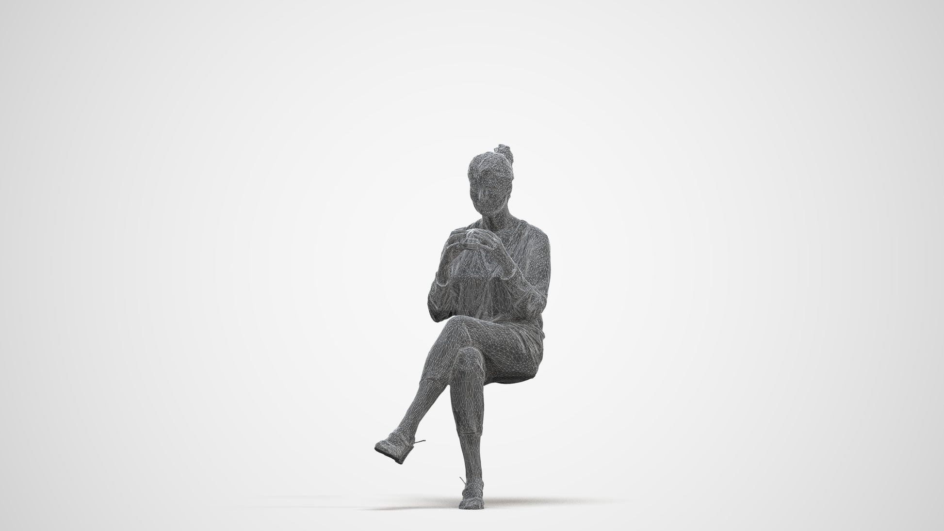 photogrammetry 3D woman casual sitting, realistic human model archviz FBX, three-quarter front view render