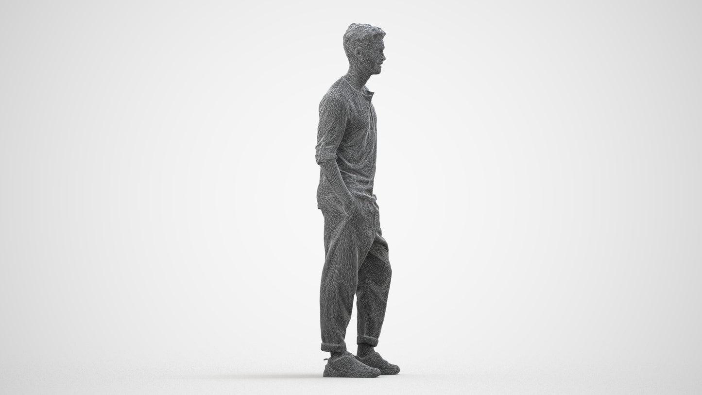 realistic 3D people man casual standing, render-ready for V-Ray and Corona, FBX OBJ, wireframe side view