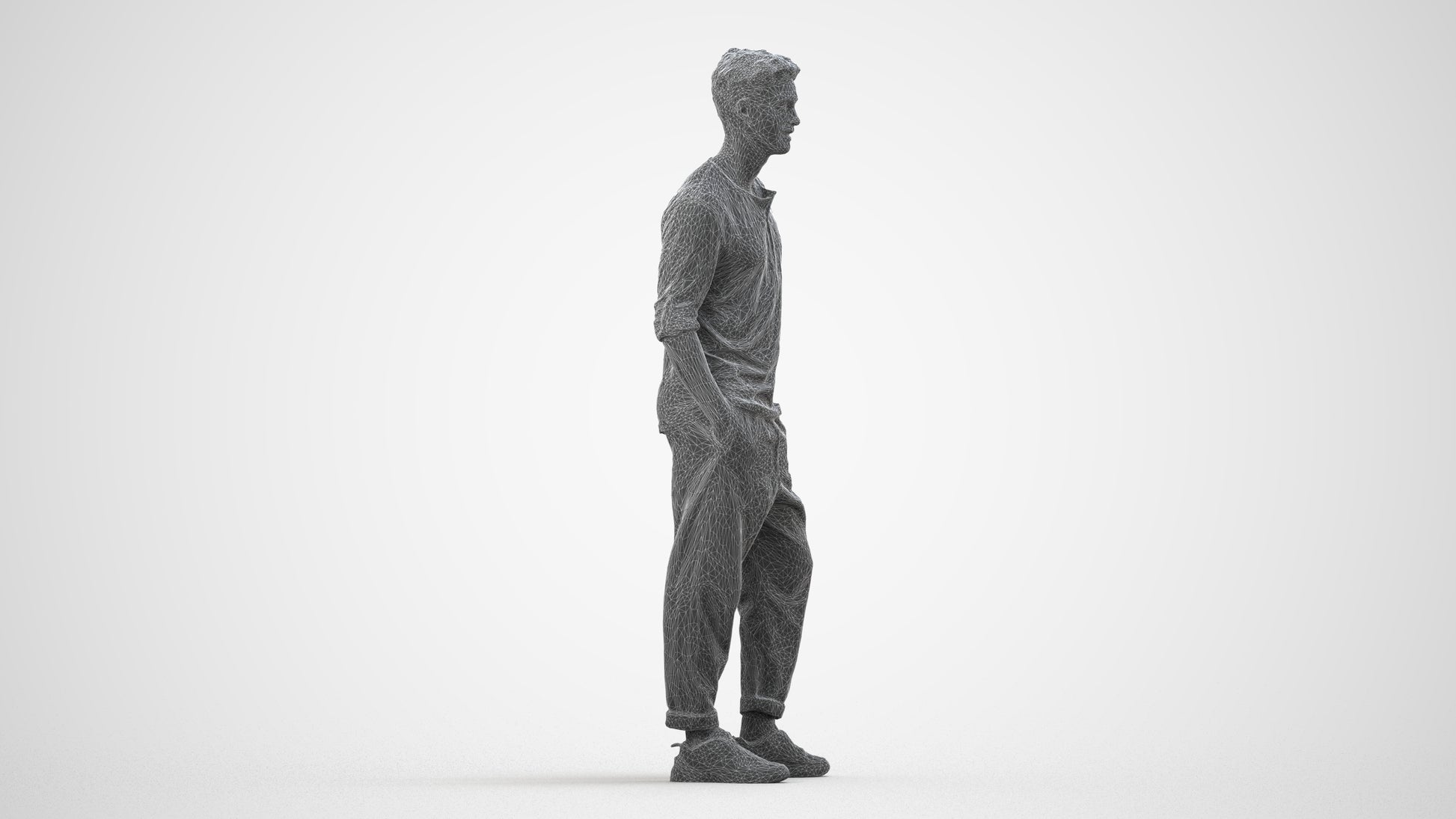 realistic 3D people man casual standing, render-ready for V-Ray and Corona, FBX OBJ, wireframe side view