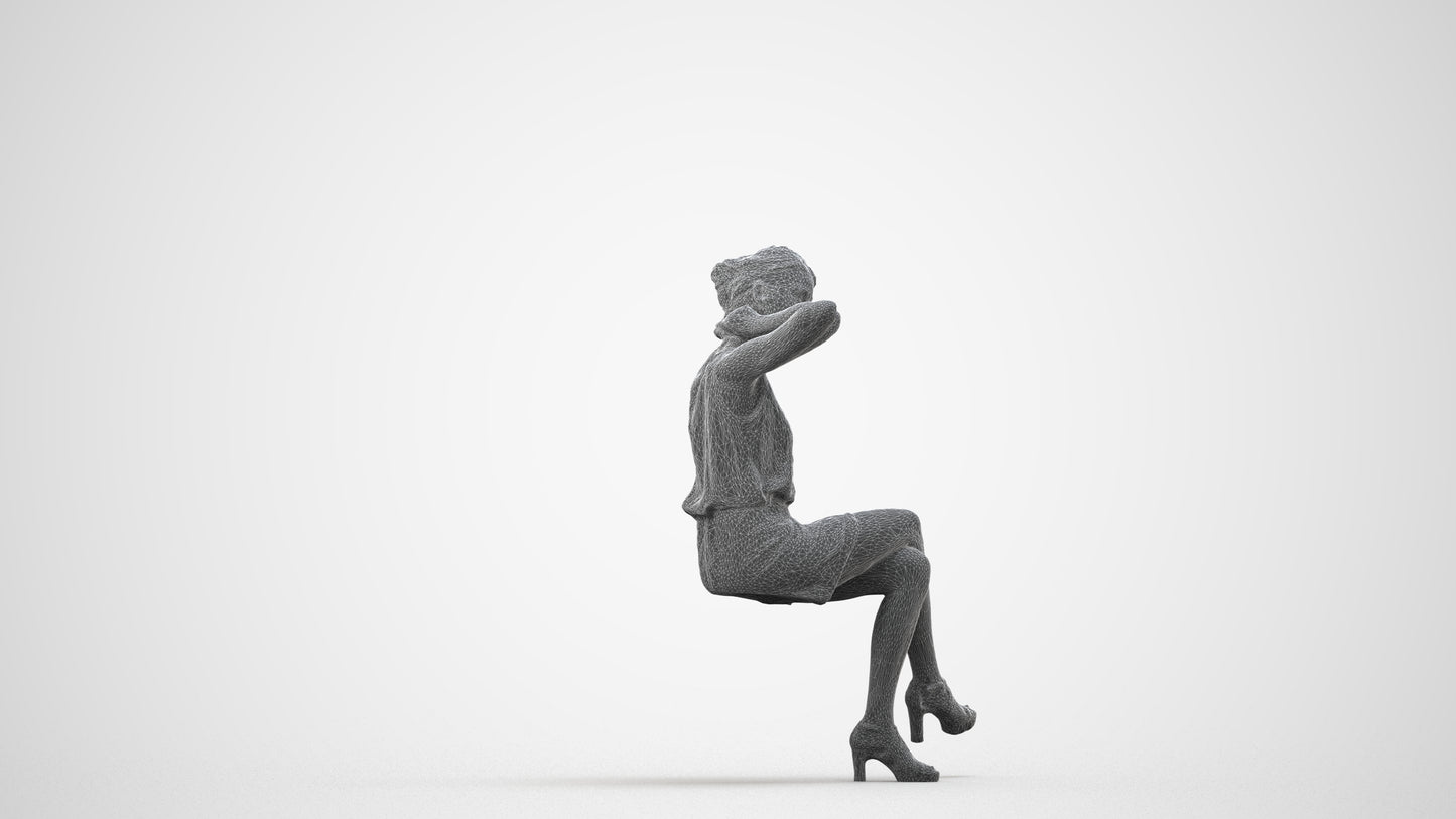 realistic 3D woman casual sitting, scanned archviz people for Blender and 3ds Max, wireframe side view