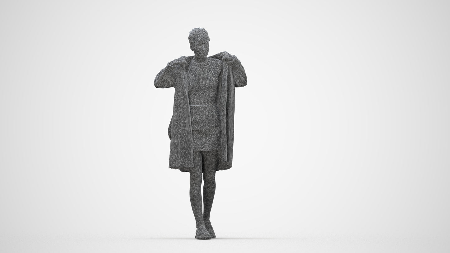 3D human model woman casual walking, photogrammetry scanned person for archviz, wireframe back view