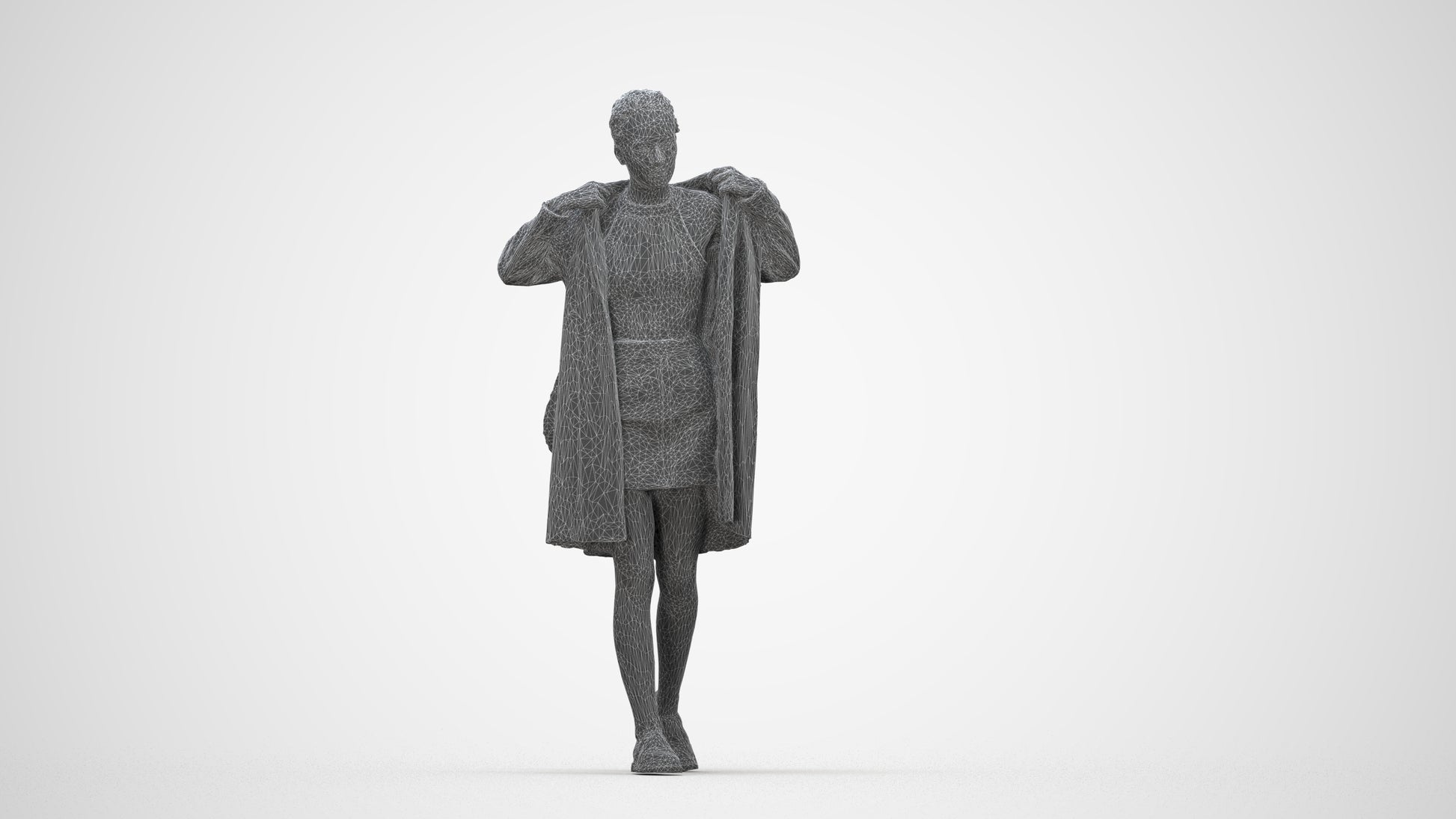3D human model woman casual walking, photogrammetry scanned person for archviz, wireframe back view
