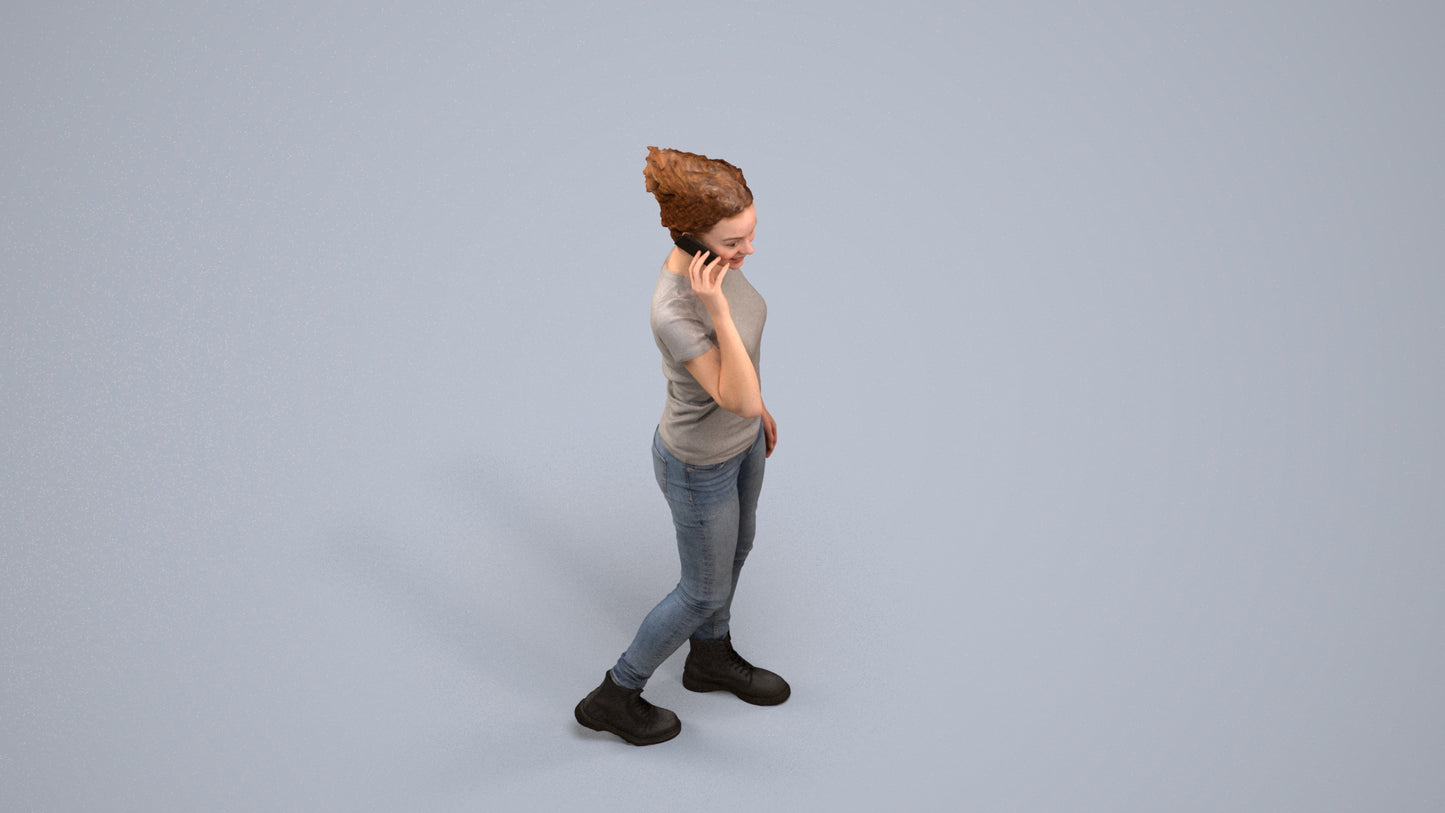 3D human model woman casual walking, photogrammetry scanned person for archviz, back view render