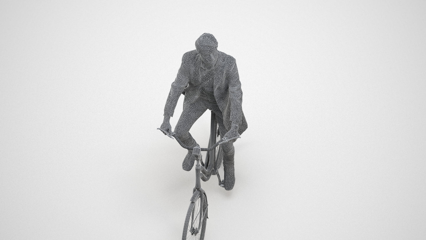 realistic 3D human man business cycling, archviz people FBX OBJ for Blender, wireframe three-quarter view