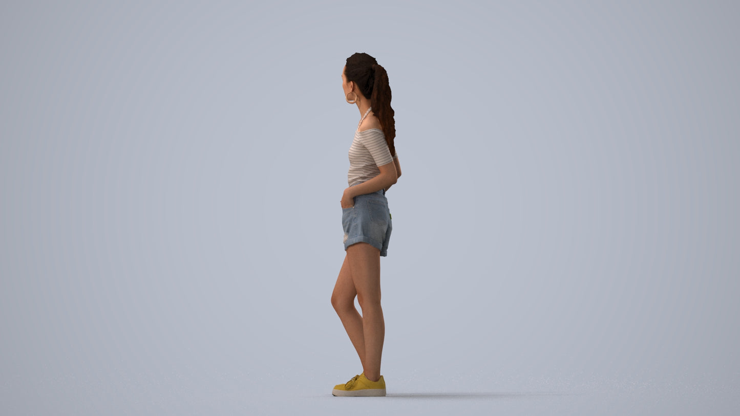 3D human model woman casual standing, photogrammetry scanned person for archviz, three-quarter view render