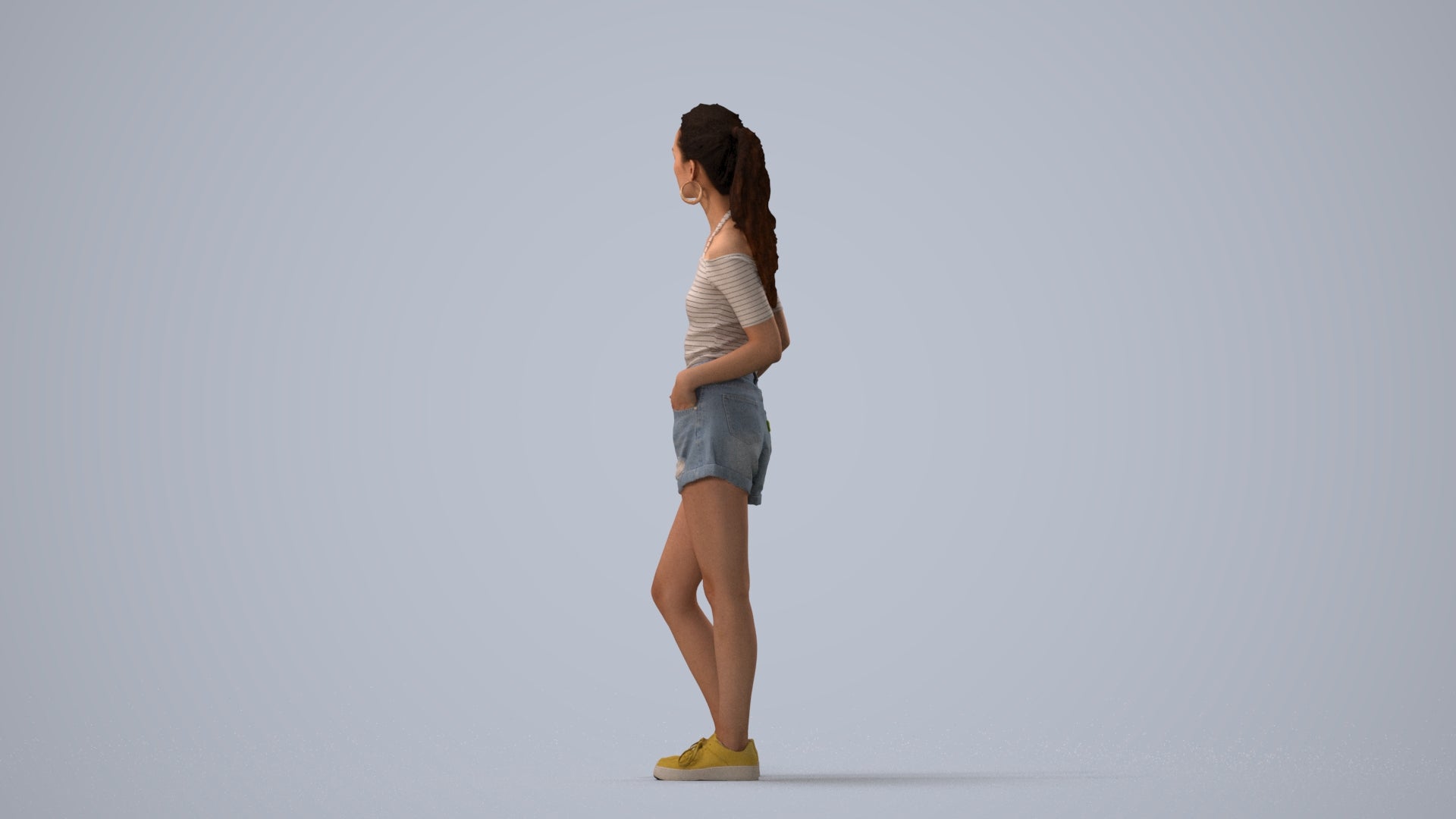 3D human model woman casual standing, photogrammetry scanned person for archviz, three-quarter view render
