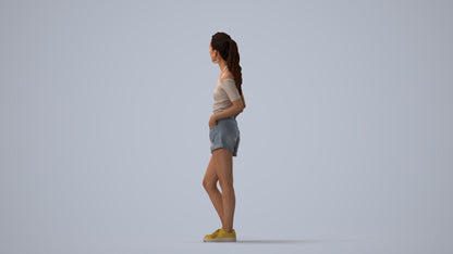 3D human model woman casual standing, photogrammetry scanned person for archviz, three-quarter view render