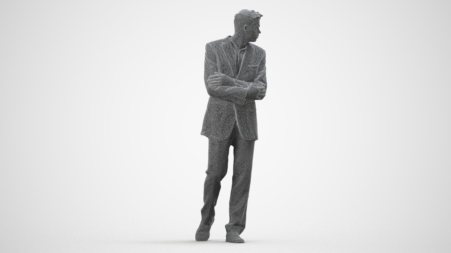 3D human model man business, photogrammetry scanned person for archviz, wireframe side view