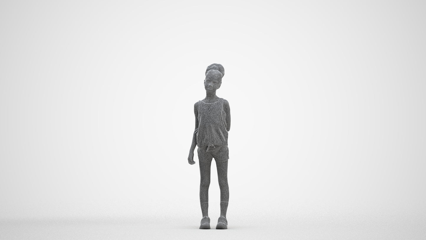 3D human model girl sport kids, photogrammetry scanned person for archviz, three-quarter front view render