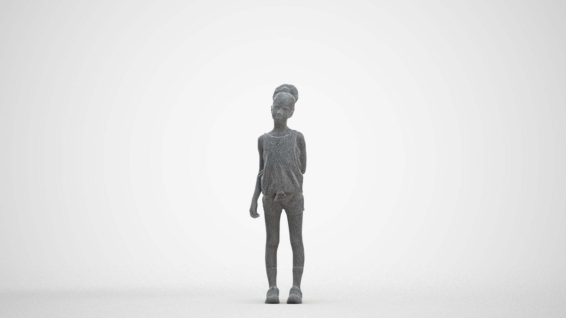 3D human model girl sport kids, photogrammetry scanned person for archviz, three-quarter front view render