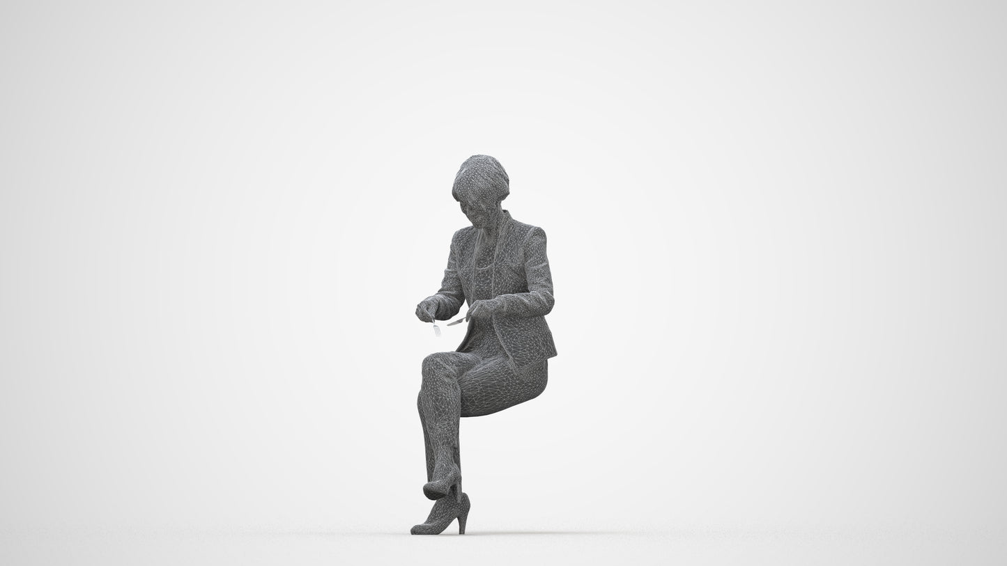 realistic 3D human senior woman business sitting, archviz people FBX OBJ for Blender, wireframe back view
