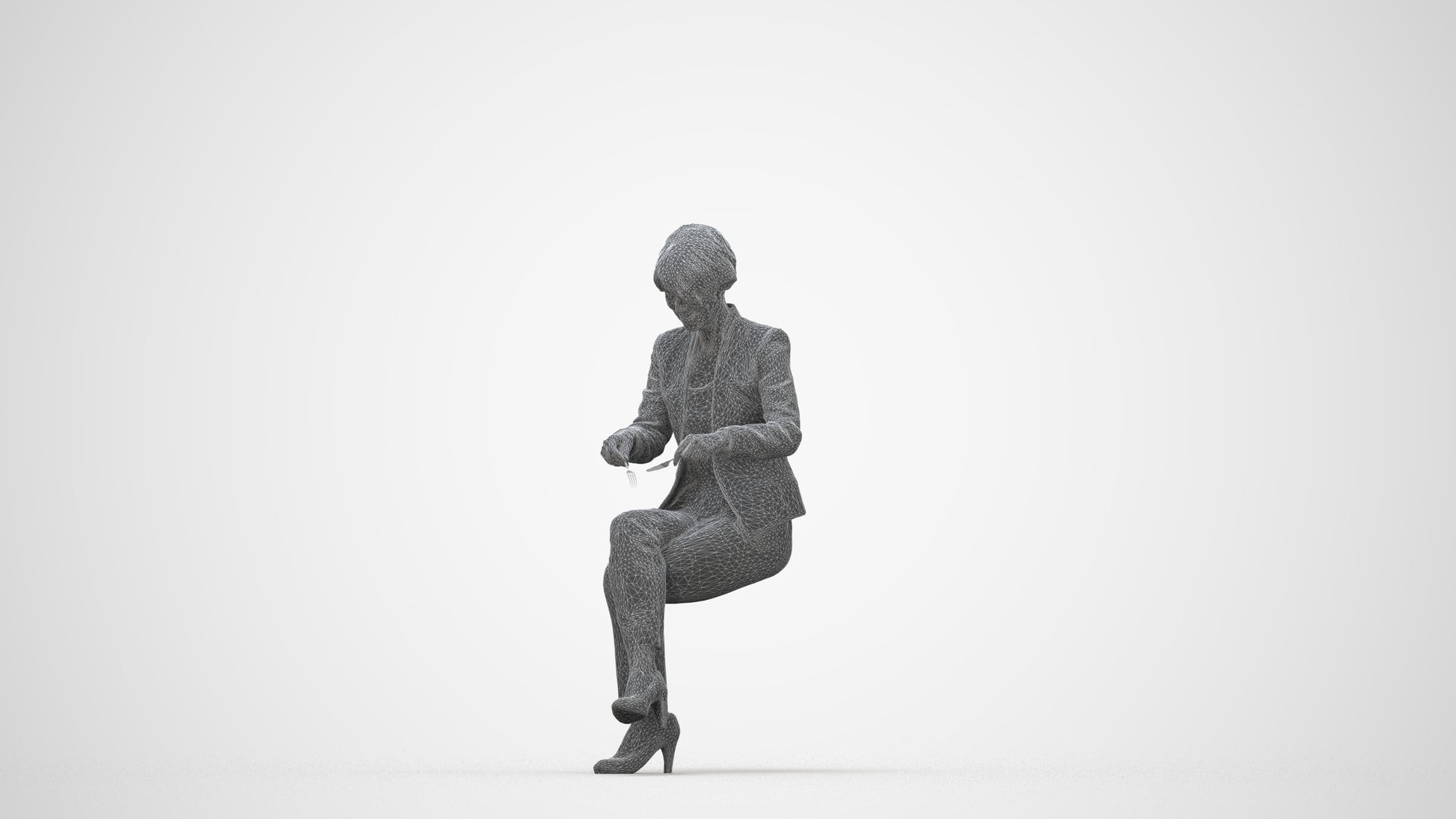 realistic 3D human senior woman business sitting, archviz people FBX OBJ for Blender, wireframe back view