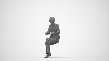 realistic 3D human senior woman business sitting, archviz people FBX OBJ for Blender, wireframe back view