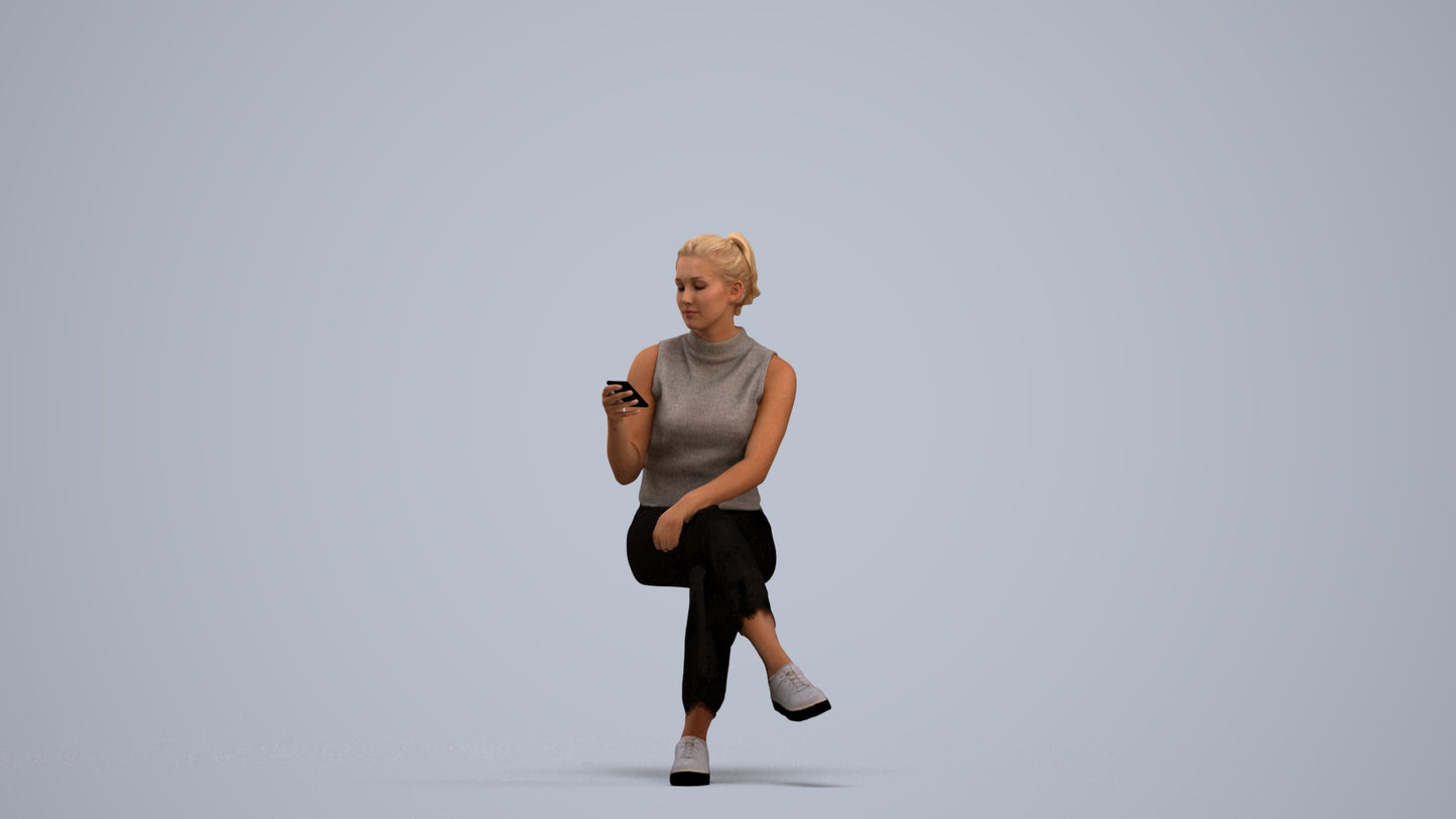 photogrammetry 3D woman casual sitting, realistic human model archviz FBX, standing pose render