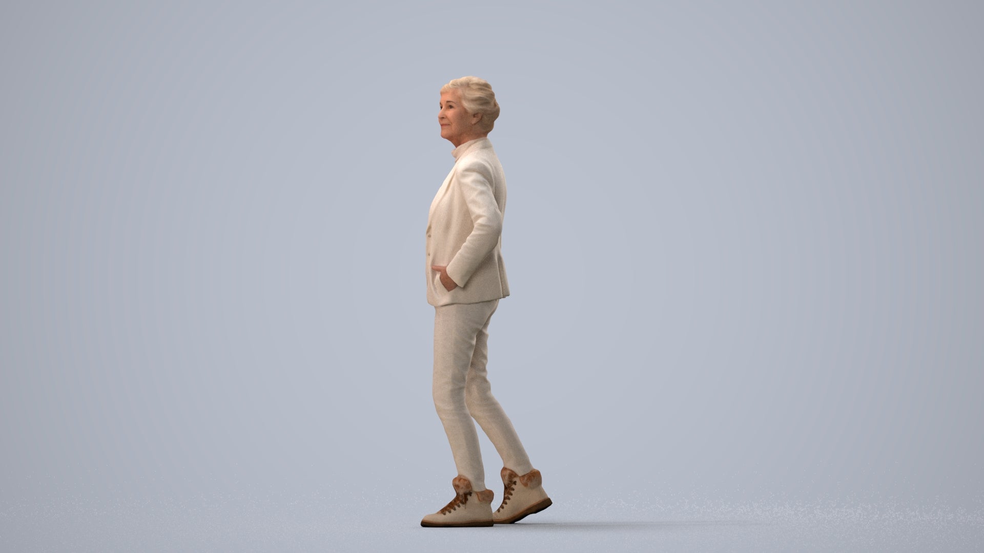 realistic 3D human senior woman business standing, archviz people FBX OBJ for Blender, three-quarter view render