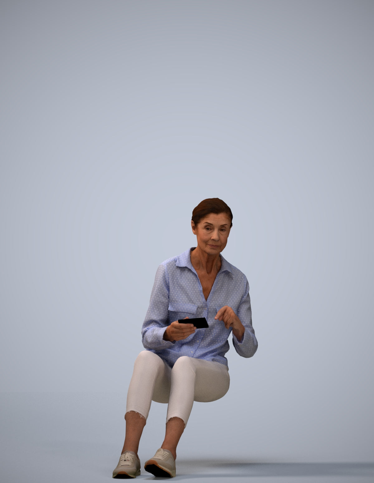 3D scanned senior woman sitting casual, photorealistic archviz people for Enscape and SketchUp
