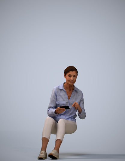 3D scanned senior woman sitting casual, photorealistic archviz people for Enscape and SketchUp