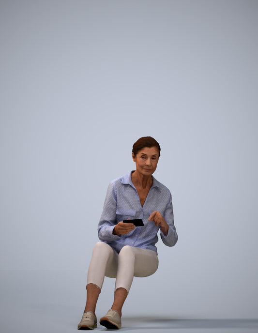 3D scanned senior woman sitting casual, photorealistic archviz people for Enscape and SketchUp