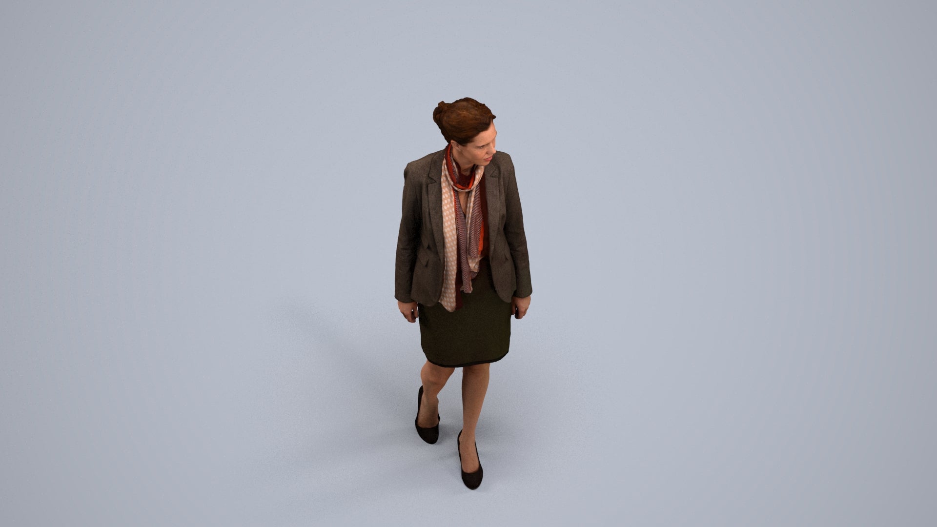 realistic 3D human woman business walking, archviz people FBX OBJ for Blender, back view render