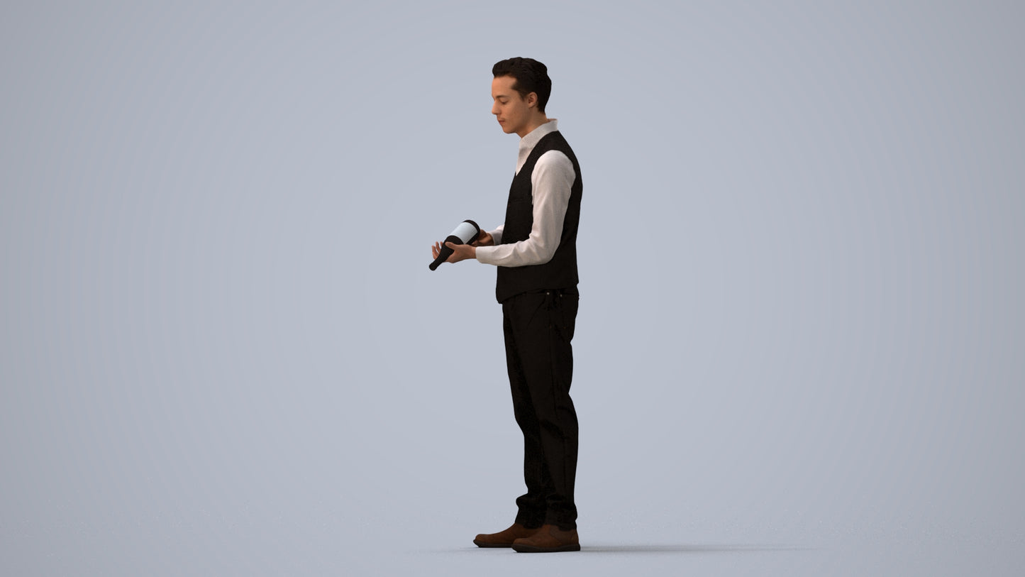 3D human model man hospitality, photogrammetry scanned person for archviz, three-quarter view render