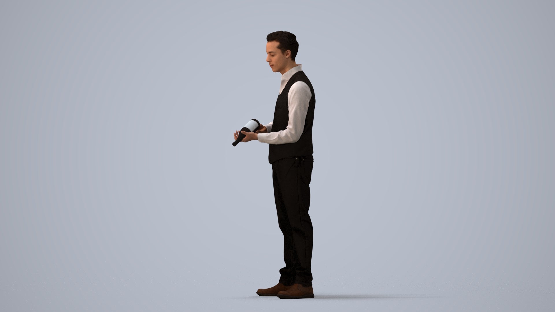 3D human model man hospitality, photogrammetry scanned person for archviz, three-quarter view render
