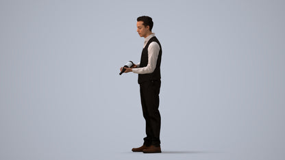 3D human model man hospitality, photogrammetry scanned person for archviz, three-quarter view render