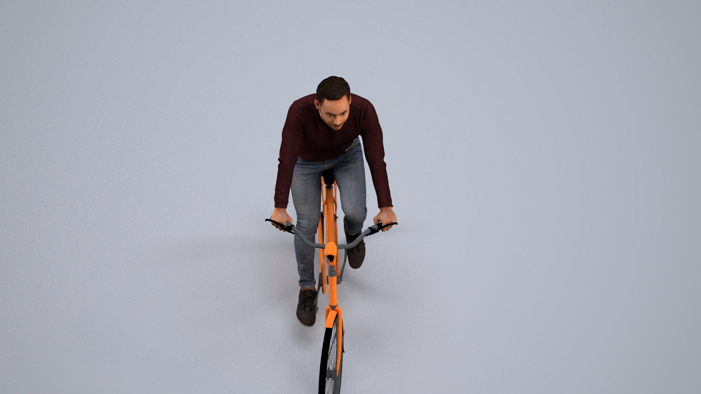 realistic 3D man casual cycling, scanned archviz people for Blender and 3ds Max, back view render