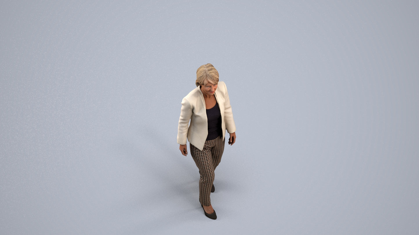 3D people model senior woman business walking, scanned human for 3ds Max rendering, back view render