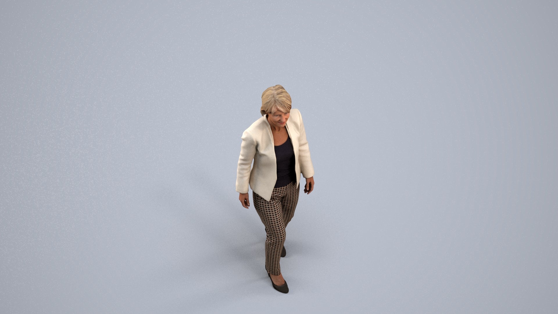 3D people model senior woman business walking, scanned human for 3ds Max rendering, back view render