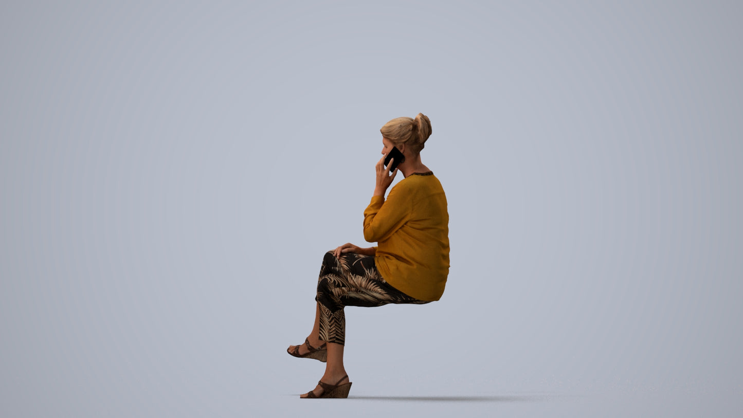 photogrammetry 3D woman casual sitting, realistic human model archviz FBX, three-quarter view render