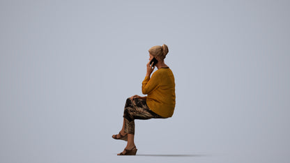 photogrammetry 3D woman casual sitting, realistic human model archviz FBX, three-quarter view render