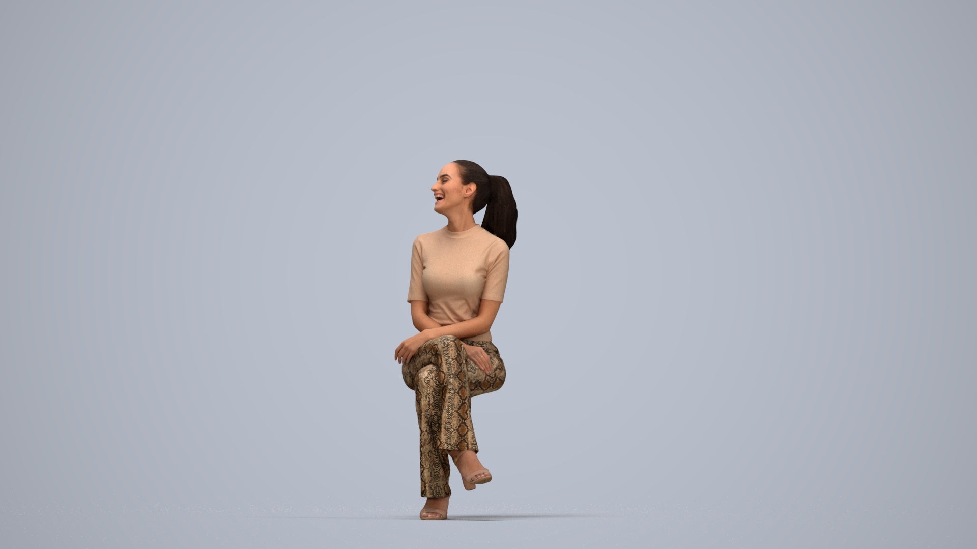 photogrammetry 3D woman casual sitting, realistic human model archviz FBX, top-down view render