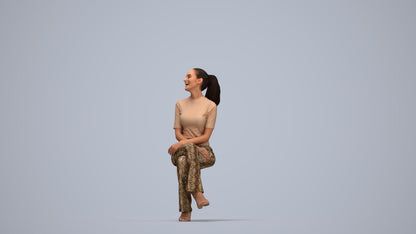 photogrammetry 3D woman casual sitting, realistic human model archviz FBX, top-down view render