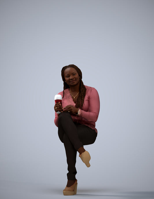 3D human model woman casual sitting, photogrammetry scanned person for archviz