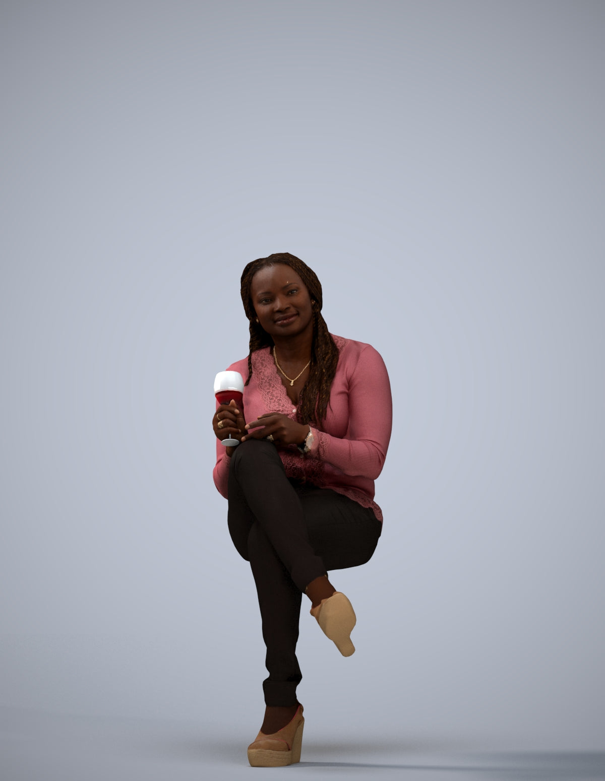3D human model woman casual sitting, photogrammetry scanned person for archviz