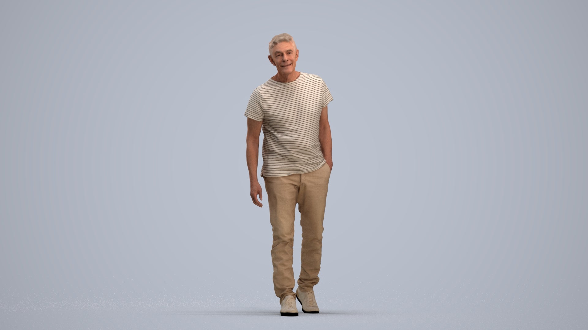 realistic 3D senior man casual walking, scanned archviz people for Blender and 3ds Max, standing pose render
