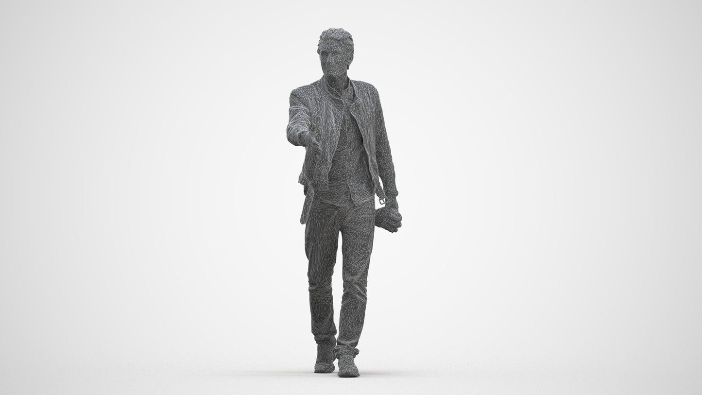 3D human model man casual walking, photogrammetry scanned person for archviz, three-quarter front view render