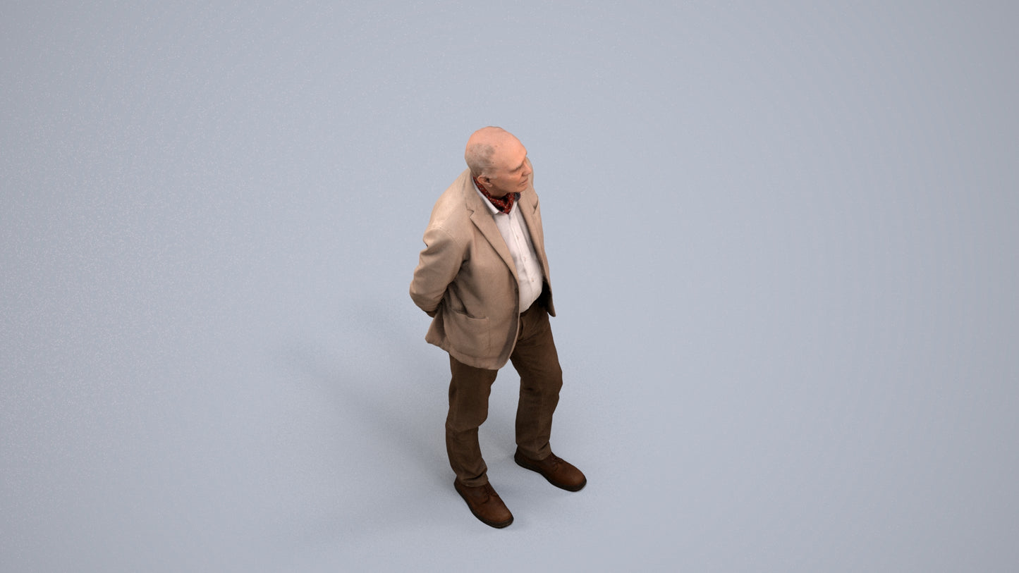 realistic 3D human senior man business standing, archviz people FBX OBJ for Blender, back view render