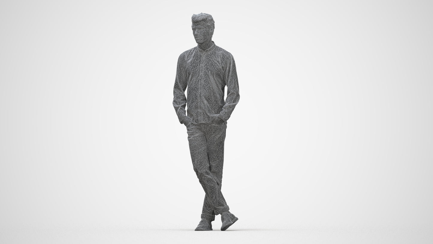 3D people model man casual standing, scanned human for 3ds Max rendering, wireframe back view