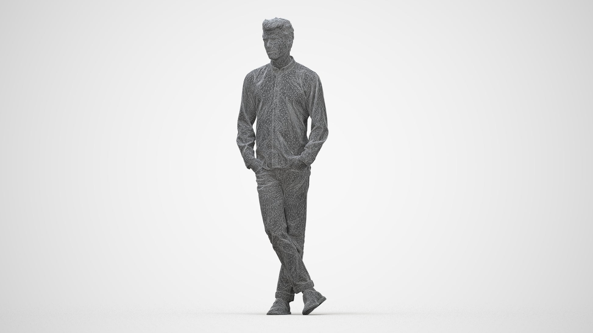 3D people model man casual standing, scanned human for 3ds Max rendering, wireframe back view